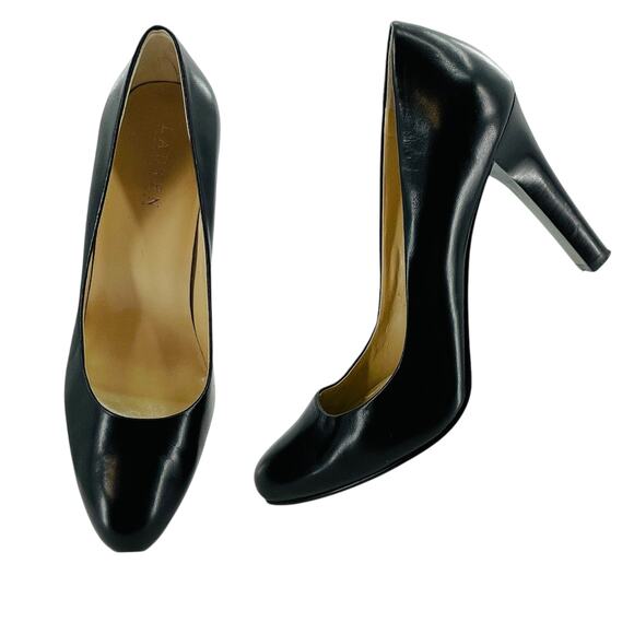 Lauren Ralph Lauren Zamora Black Leather Classic Preppy Career Heels Pumps 9.5 - Picture 1 of 8